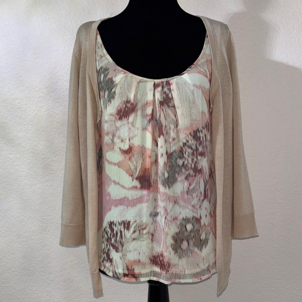 New York & Company Beige Cardigan with Floral Top - Picture 1 of 7